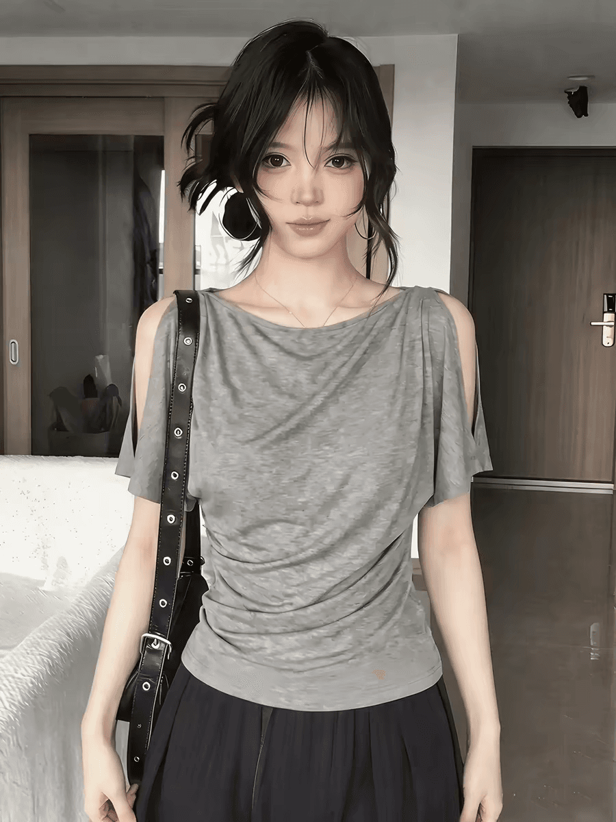 한국 스타일 패션 오프숄더 트임 작은 날다 소매 반팔 티셔츠 여성 슈퍼 잘 생긴 ~ 중 몸매 가꾸기 슬림해 보이는 다용도 주름 맨위