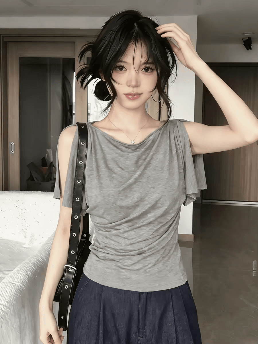 한국 스타일 패션 오프숄더 트임 작은 날다 소매 반팔 티셔츠 여성 슈퍼 잘 생긴 ~ 중 몸매 가꾸기 슬림해 보이는 다용도 주름 맨위 이미지 2