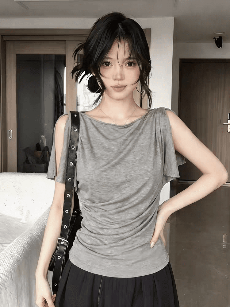 한국 스타일 패션 오프숄더 트임 작은 날다 소매 반팔 티셔츠 여성 슈퍼 잘 생긴 ~ 중 몸매 가꾸기 슬림해 보이는 다용도 주름 맨위 이미지 3