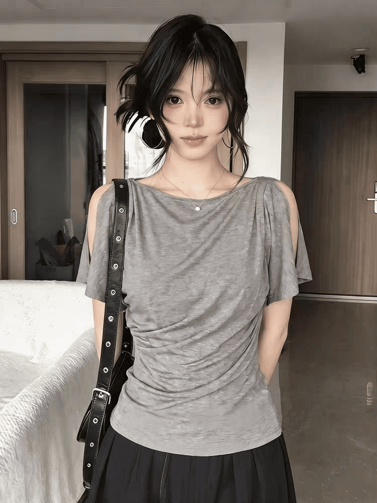 한국 스타일 패션 오프숄더 트임 작은 날다 소매 반팔 티셔츠 여성 슈퍼 잘 생긴 ~ 중 몸매 가꾸기 슬림해 보이는 다용도 주름 맨위 상세 이미지 2