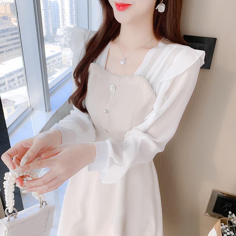 숙녀 팬 2026 년 연꽃 잎 소매 하이웨이스트 슬림해 보이는 롱 스커트 레트로 차 휴식 프랑스식 고급 센스 여성 드레스 봄 이미지 2