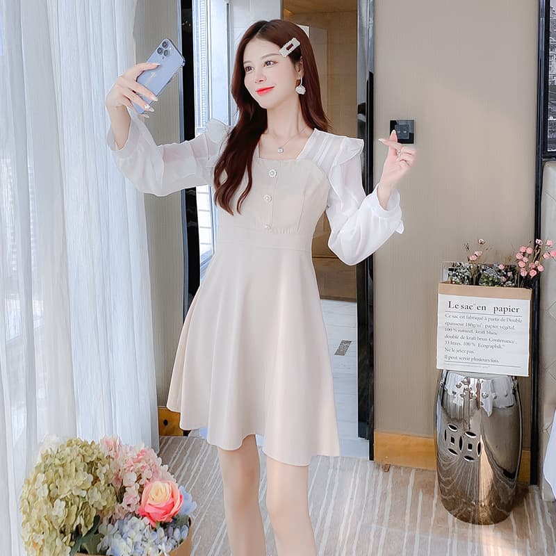 숙녀 팬 2026 년 연꽃 잎 소매 하이웨이스트 슬림해 보이는 롱 스커트 레트로 차 휴식 프랑스식 고급 센스 여성 드레스 봄 이미지 4
