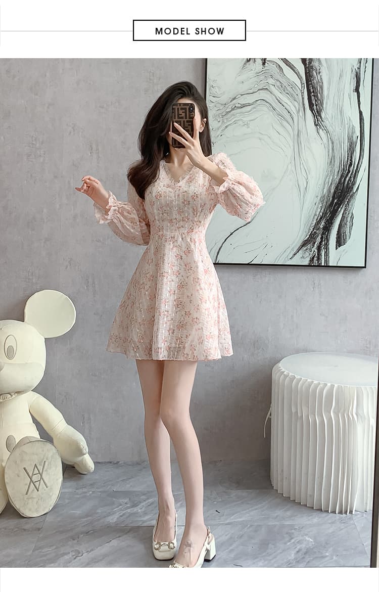2026 달콤함 꽃무늬 V넥 여성 드레스 봄 새로운 프랑스식 한 부서 부드러운 바람 긴팔 첫사랑 치마 상세 이미지 10