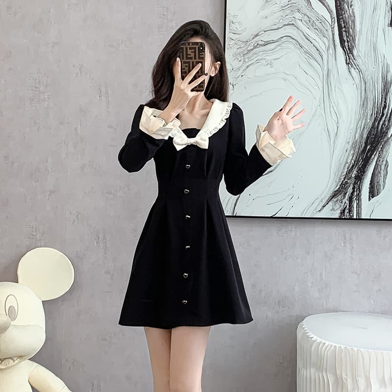 2026 베이비 칼라 달콤함 허리 수축 검정색 긴팔 여성 드레스 봄 새로운 품격 그는 벤 바람 한 마디 치마 이미지 2