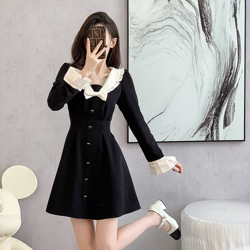 2026 베이비 칼라 달콤함 허리 수축 검정색 긴팔 여성 드레스 봄 새로운 품격 그는 벤 바람 한 마디 치마 이미지 3