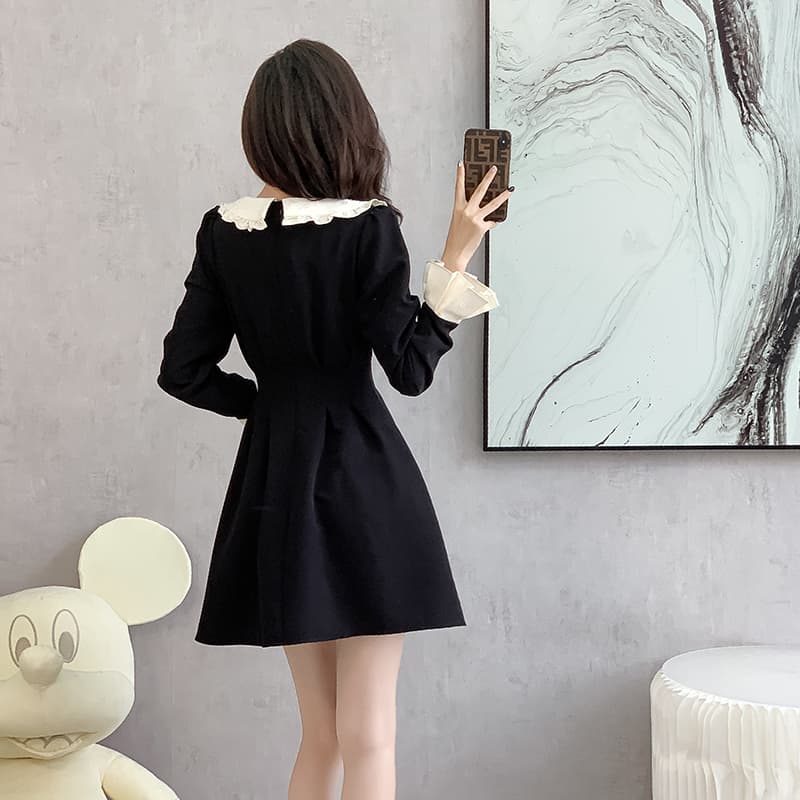 2026 베이비 칼라 달콤함 허리 수축 검정색 긴팔 여성 드레스 봄 새로운 품격 그는 벤 바람 한 마디 치마 이미지 5
