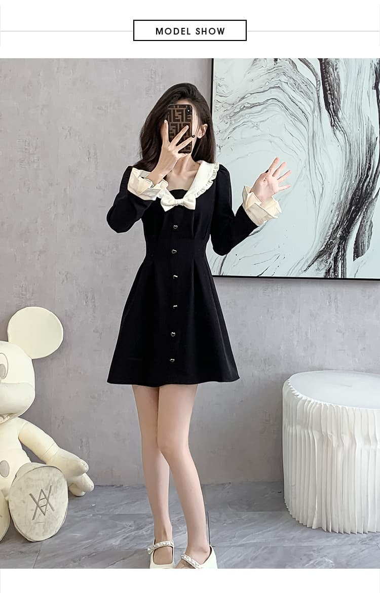 2026 베이비 칼라 달콤함 허리 수축 검정색 긴팔 여성 드레스 봄 새로운 품격 그는 벤 바람 한 마디 치마 상세 이미지 10