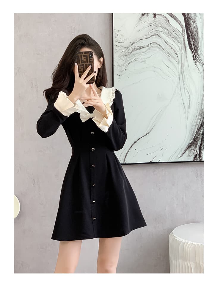 2026 베이비 칼라 달콤함 허리 수축 검정색 긴팔 여성 드레스 봄 새로운 품격 그는 벤 바람 한 마디 치마 상세 이미지 18