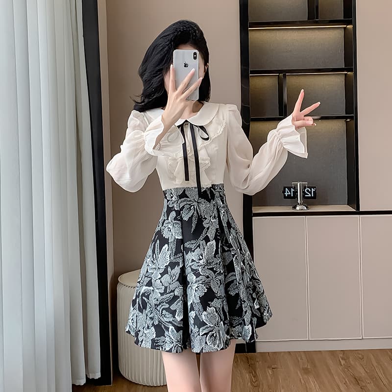 2026 년 새로운 고급 센스 자카드 A라인 스커트 베이비 칼라 프릴 달콤함 긴팔 여성 드레스 조기 봄 이미지 2