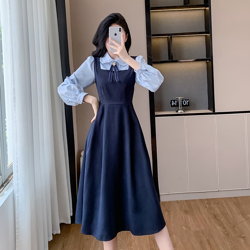 페이크 레이어드 학원 스타일 베이비 칼라 드레스 2026 년 조기 봄 프랑스식 길다 치마 소녀 착용 가져 가라. 치마 이미지 4