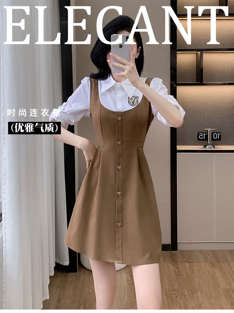 2026 년 아메리칸 페이크 레이어드 셔츠 칼라 패치워크 허리 수축 슬림해 보이는 패션 연령 감소 표지 배 작은 키 드레스 상세 이미지 2