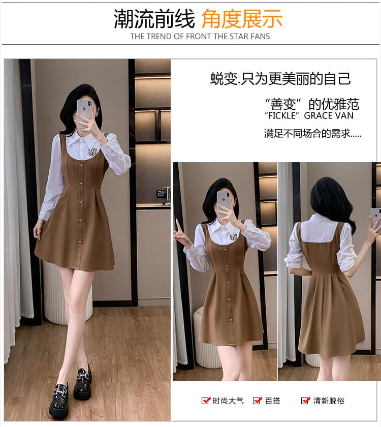 2026 년 아메리칸 페이크 레이어드 셔츠 칼라 패치워크 허리 수축 슬림해 보이는 패션 연령 감소 표지 배 작은 키 드레스 상세 이미지 3