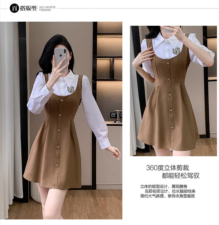 2026 년 아메리칸 페이크 레이어드 셔츠 칼라 패치워크 허리 수축 슬림해 보이는 패션 연령 감소 표지 배 작은 키 드레스 상세 이미지 7
