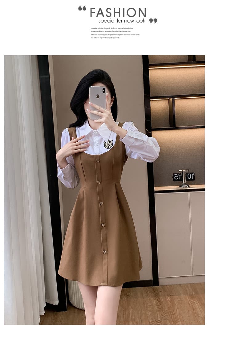 2026 년 아메리칸 페이크 레이어드 셔츠 칼라 패치워크 허리 수축 슬림해 보이는 패션 연령 감소 표지 배 작은 키 드레스 상세 이미지 23