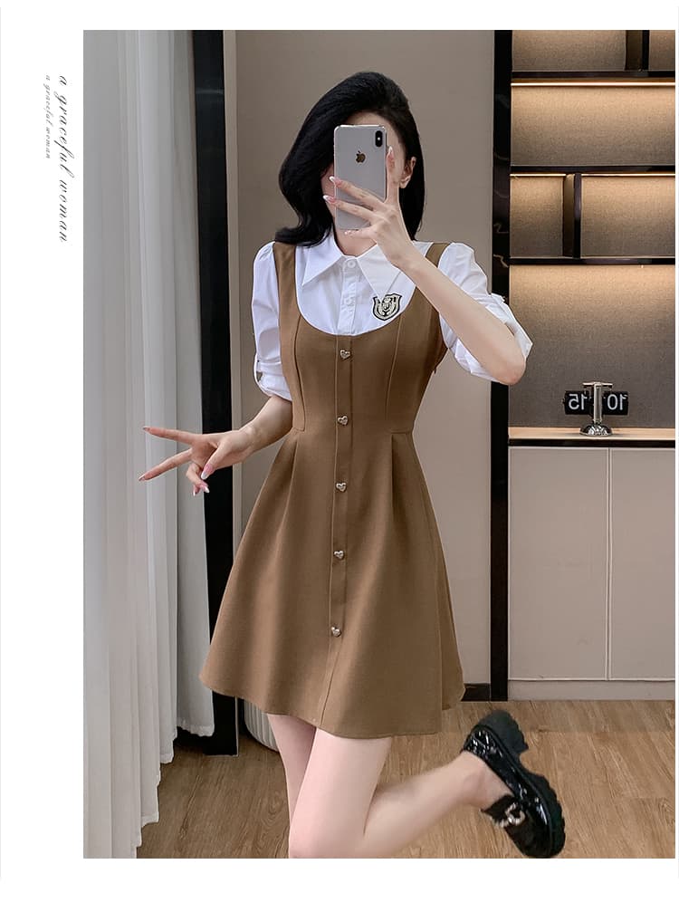 2026 년 아메리칸 페이크 레이어드 셔츠 칼라 패치워크 허리 수축 슬림해 보이는 패션 연령 감소 표지 배 작은 키 드레스 상세 이미지 38