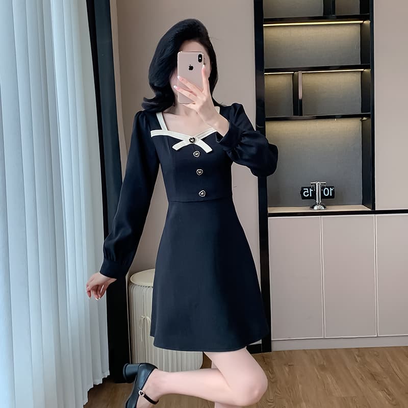 프랑스식 2026 년 봄 새로운 드레스 고급 센스 긴팔 광장 칼라 검정색 한 마디 작은 샤넬 스타일 짧은 치마 이미지 2