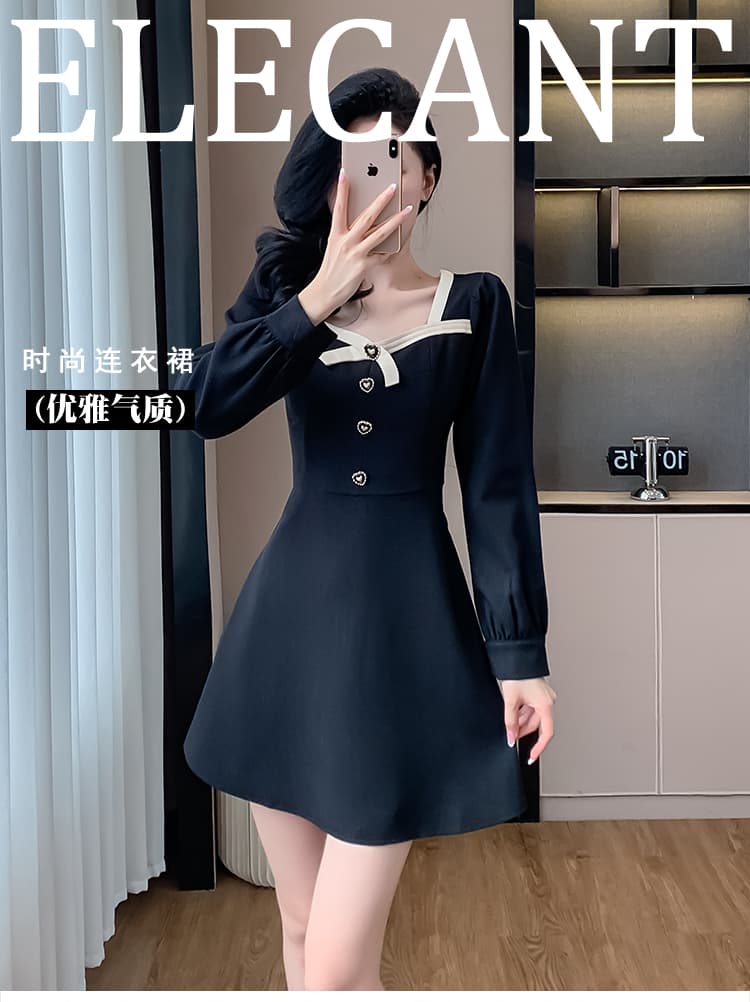 프랑스식 2026 년 봄 새로운 드레스 고급 센스 긴팔 광장 칼라 검정색 한 마디 작은 샤넬 스타일 짧은 치마 상세 이미지 1