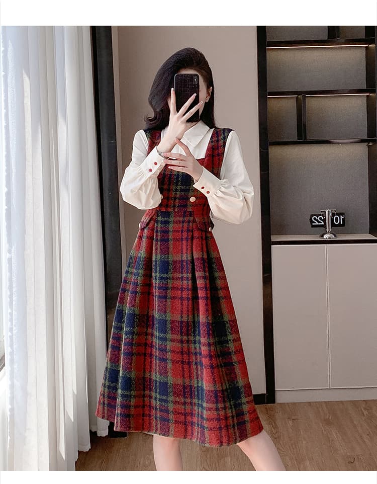 학원 스타일 모직 여성 드레스 봄 2026 새로운 셔츠 패치워크 인사이드 가져 가라. 페이크 레이어드 길다 점프 슈트 치마 상세 이미지 29