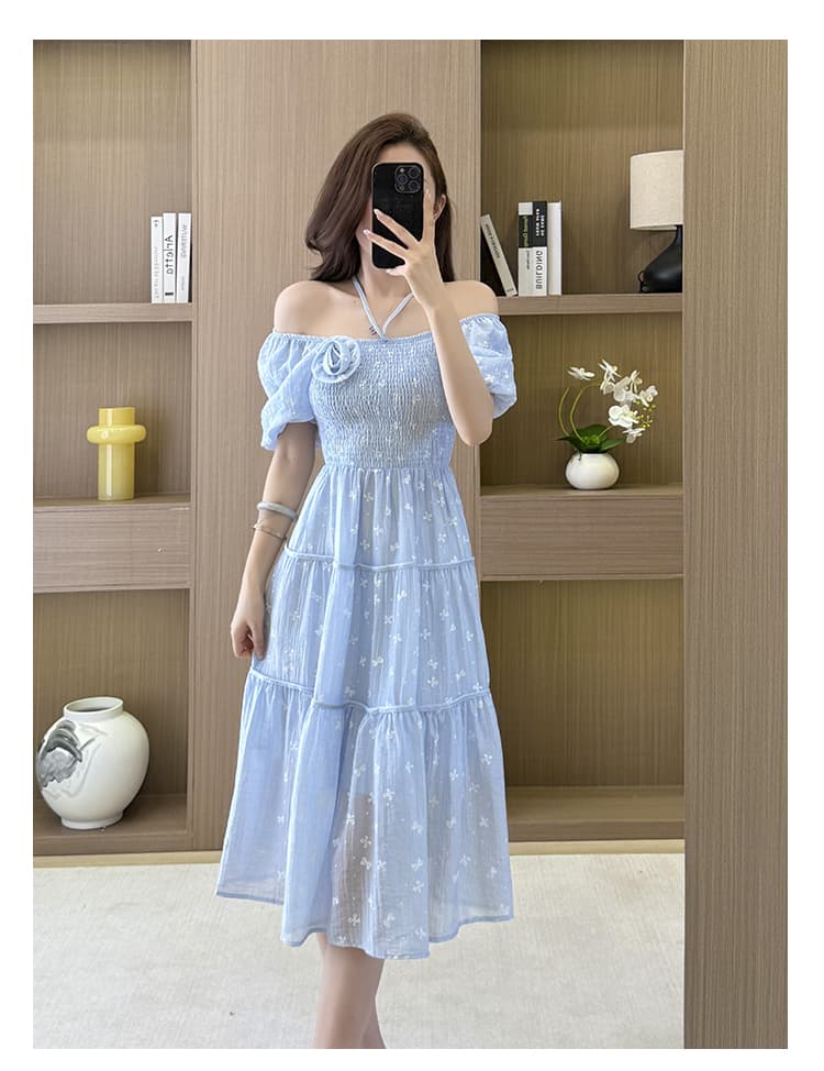 파란색 자카드 오프숄더 드레스 2026 년 새로운 프랑스식 낭만주의 자이언트 잘 생긴 휴가 바람 롱 스커트 상세 이미지 21
