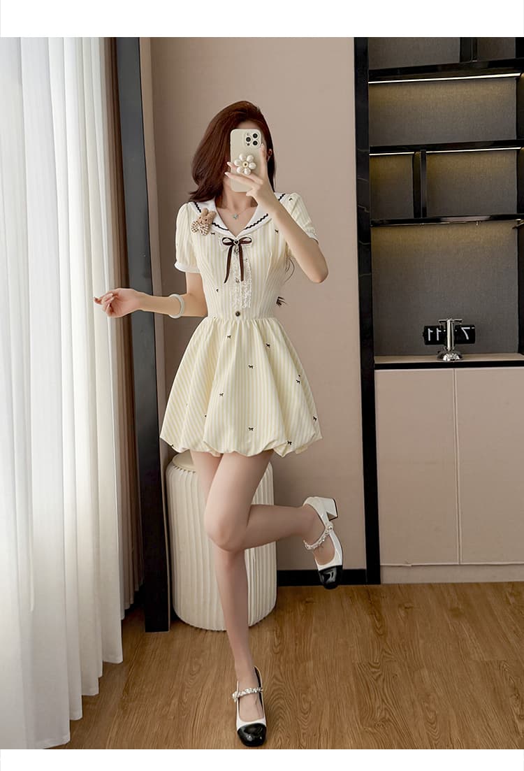 2026 년 구름 miu 부서 달콤한 스타일 꽃밭 여성 드레스 여름 해군 칼라 연령 감소 짧은 치마 상세 이미지 12