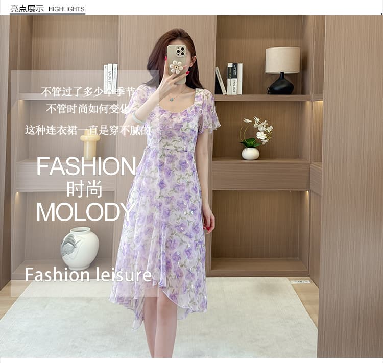 프랑스식 광장 칼라 꽃무늬 드레스 2026 년 여름 새로운 여성 의류 허리 수축 한 마디 프릴 반팔 중간 길이 스커트 상세 이미지 3