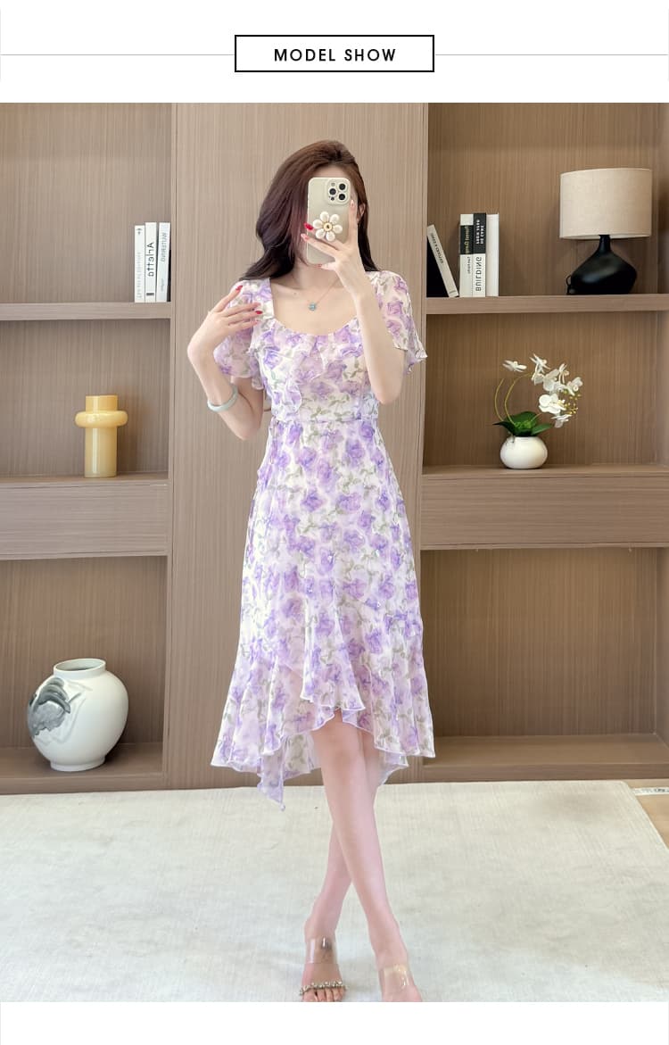 프랑스식 광장 칼라 꽃무늬 드레스 2026 년 여름 새로운 여성 의류 허리 수축 한 마디 프릴 반팔 중간 길이 스커트 상세 이미지 10