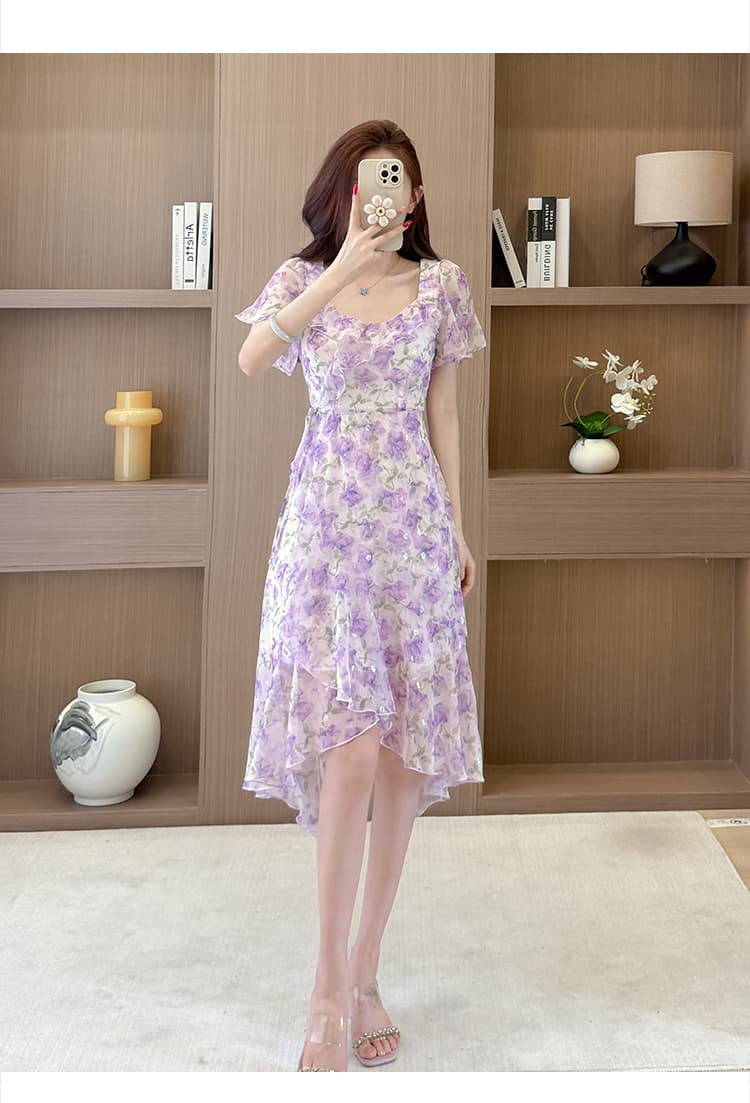 프랑스식 광장 칼라 꽃무늬 드레스 2026 년 여름 새로운 여성 의류 허리 수축 한 마디 프릴 반팔 중간 길이 스커트 상세 이미지 11