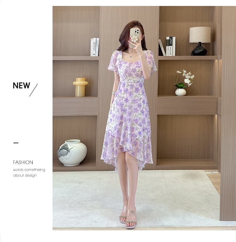 프랑스식 광장 칼라 꽃무늬 드레스 2026 년 여름 새로운 여성 의류 허리 수축 한 마디 프릴 반팔 중간 길이 스커트 상세 이미지 14