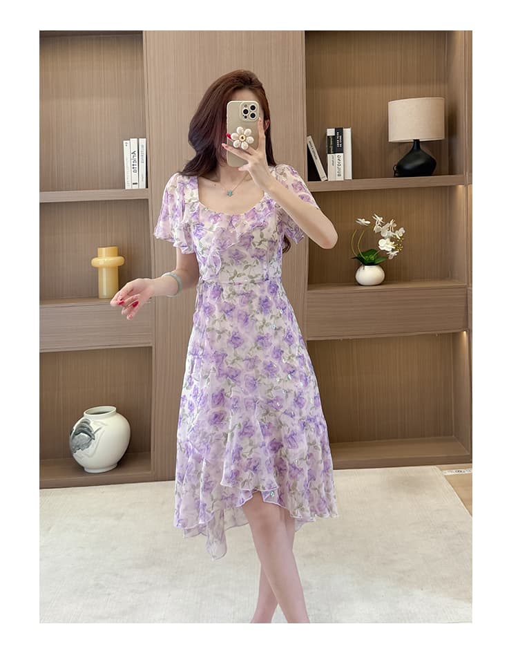 프랑스식 광장 칼라 꽃무늬 드레스 2026 년 여름 새로운 여성 의류 허리 수축 한 마디 프릴 반팔 중간 길이 스커트 상세 이미지 17