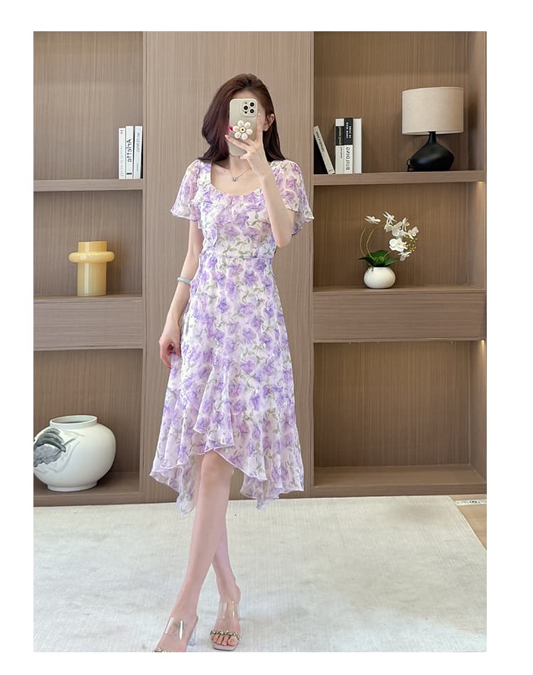 프랑스식 광장 칼라 꽃무늬 드레스 2026 년 여름 새로운 여성 의류 허리 수축 한 마디 프릴 반팔 중간 길이 스커트 상세 이미지 18