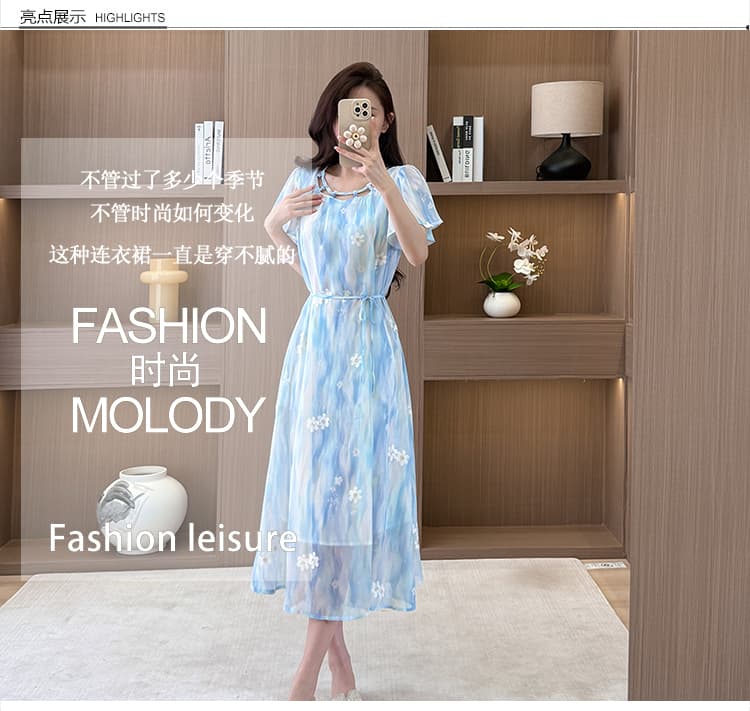 블루 색 후광 염색 반팔 여성 드레스 2026 여름 새로운 프랑스식 꽃무늬 휴가 바람 자수 쉬폰 치마 상세 이미지 3