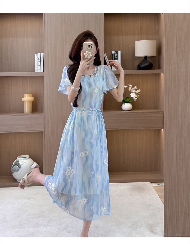 블루 색 후광 염색 반팔 여성 드레스 2026 여름 새로운 프랑스식 꽃무늬 휴가 바람 자수 쉬폰 치마 상세 이미지 16