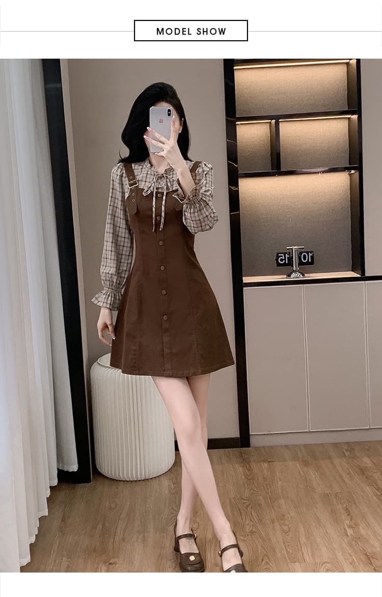 2026 가을 새로운 페이크 레이어드 멜빵 스커트 드레스 몸매 가꾸기 슬림해 보이는 품격 부드러운 바람 달콤함 작은 키 상세 이미지 19