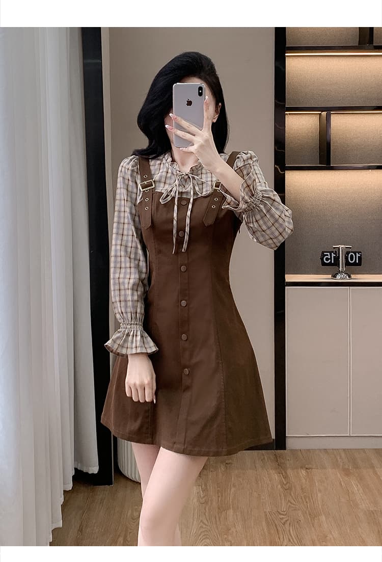 2026 가을 새로운 페이크 레이어드 멜빵 스커트 드레스 몸매 가꾸기 슬림해 보이는 품격 부드러운 바람 달콤함 작은 키 상세 이미지 22