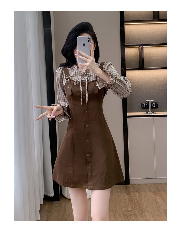 2026 가을 새로운 페이크 레이어드 멜빵 스커트 드레스 몸매 가꾸기 슬림해 보이는 품격 부드러운 바람 달콤함 작은 키 상세 이미지 34