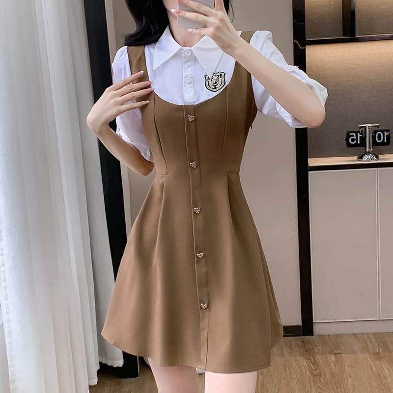 2026 년 아메리칸 페이크 레이어드 셔츠 칼라 패치워크 허리 수축 슬림해 보이는 패션 연령 감소 표지 배 작은 키 드레스 이미지 5