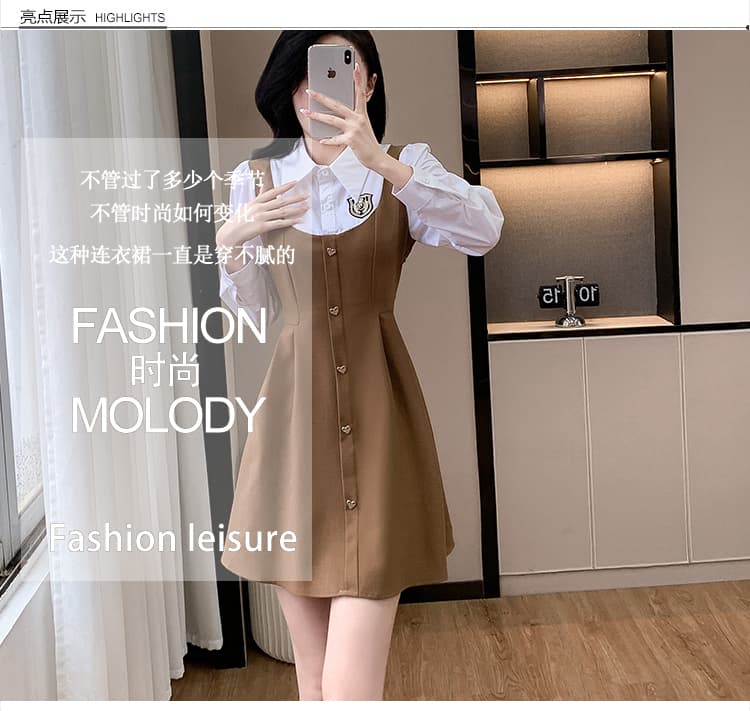 2026 년 아메리칸 페이크 레이어드 셔츠 칼라 패치워크 허리 수축 슬림해 보이는 패션 연령 감소 표지 배 작은 키 드레스 상세 이미지 5