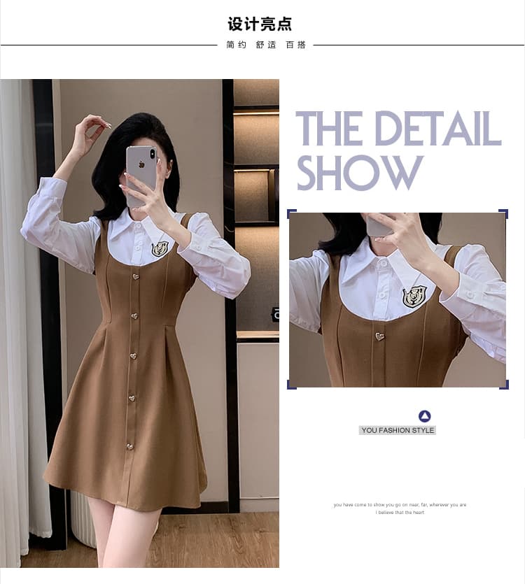 2026 년 아메리칸 페이크 레이어드 셔츠 칼라 패치워크 허리 수축 슬림해 보이는 패션 연령 감소 표지 배 작은 키 드레스 상세 이미지 12