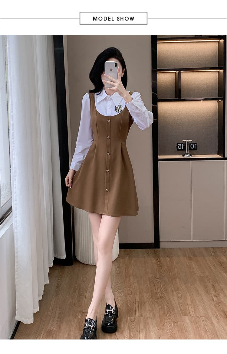 2026 년 아메리칸 페이크 레이어드 셔츠 칼라 패치워크 허리 수축 슬림해 보이는 패션 연령 감소 표지 배 작은 키 드레스 상세 이미지 19
