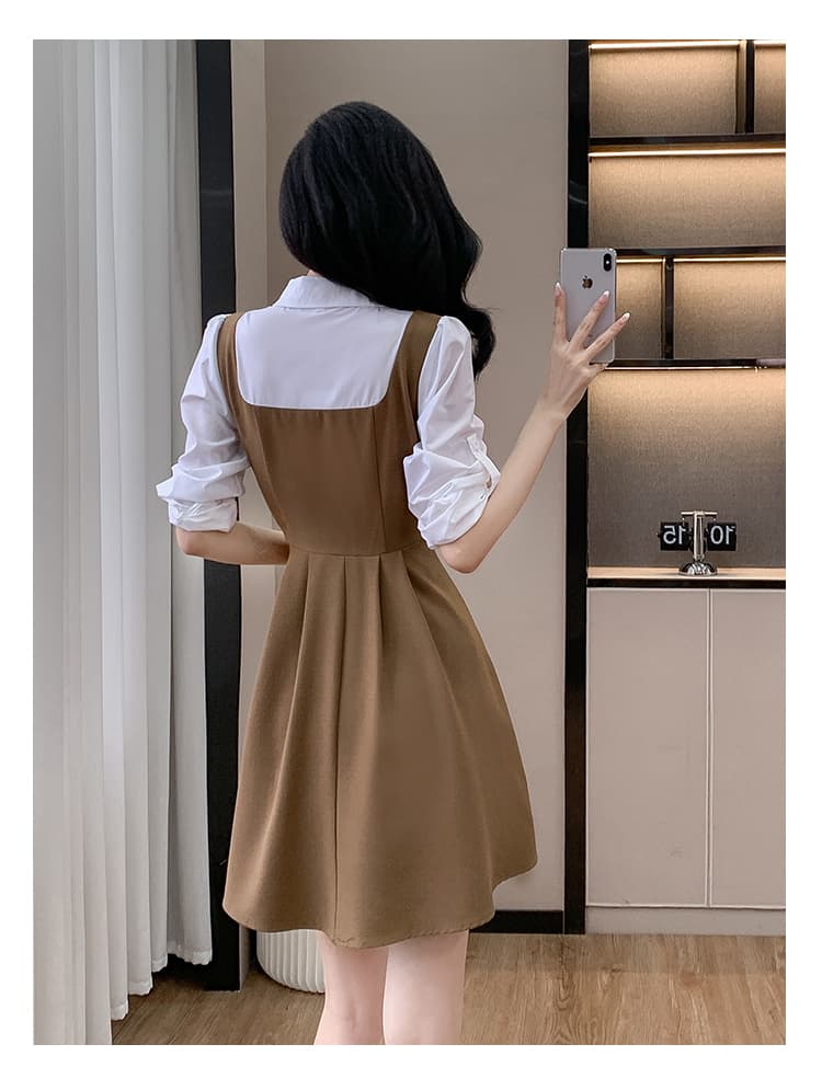 2026 년 아메리칸 페이크 레이어드 셔츠 칼라 패치워크 허리 수축 슬림해 보이는 패션 연령 감소 표지 배 작은 키 드레스 상세 이미지 40