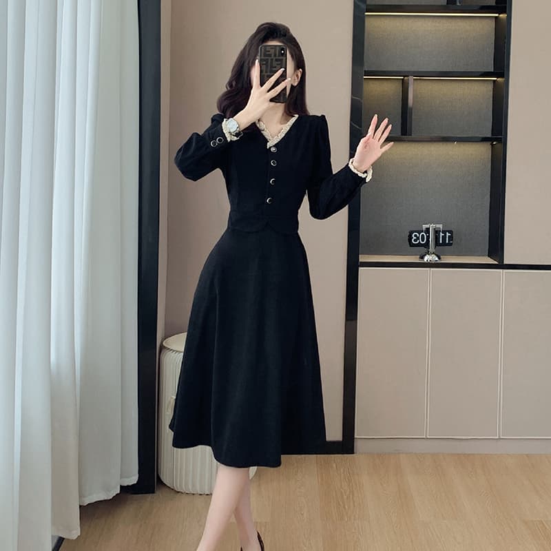 검정색 페이크 레이어드 긴팔 여성 드레스 2026 새로운 가을 겨울 만나는 착용 가져 가라. 작은 샤넬 스타일 그는 벤 바람 길다 치마 이미지 2