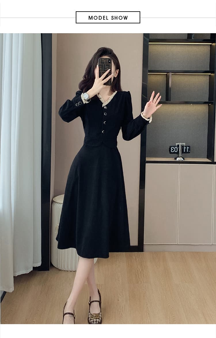 검정색 페이크 레이어드 긴팔 여성 드레스 2026 새로운 가을 겨울 만나는 착용 가져 가라. 작은 샤넬 스타일 그는 벤 바람 길다 치마 상세 이미지 10