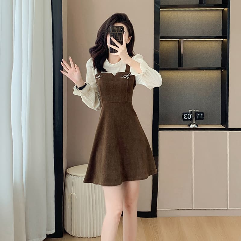 작은 청신 다용도 연령 감소 빛 요리 한 프랑스식 페이크 레이어드 가을 겨울 만나는 허리 수축 슬림해 보이는 코듀로이 여성 드레스 이미지 2
