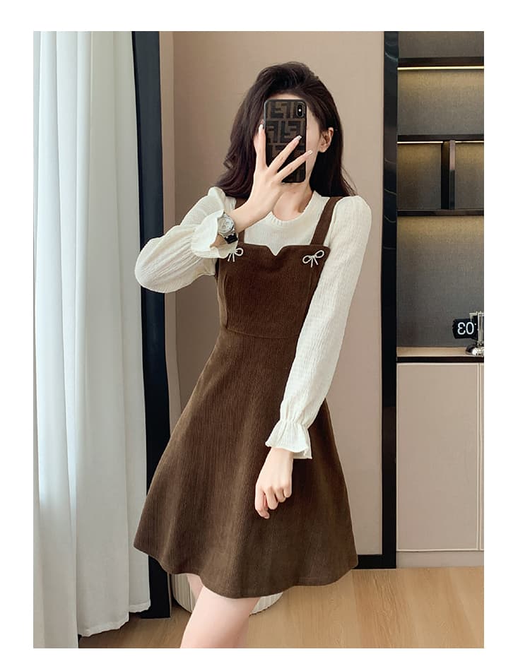작은 청신 다용도 연령 감소 빛 요리 한 프랑스식 페이크 레이어드 가을 겨울 만나는 허리 수축 슬림해 보이는 코듀로이 여성 드레스 상세 이미지 18