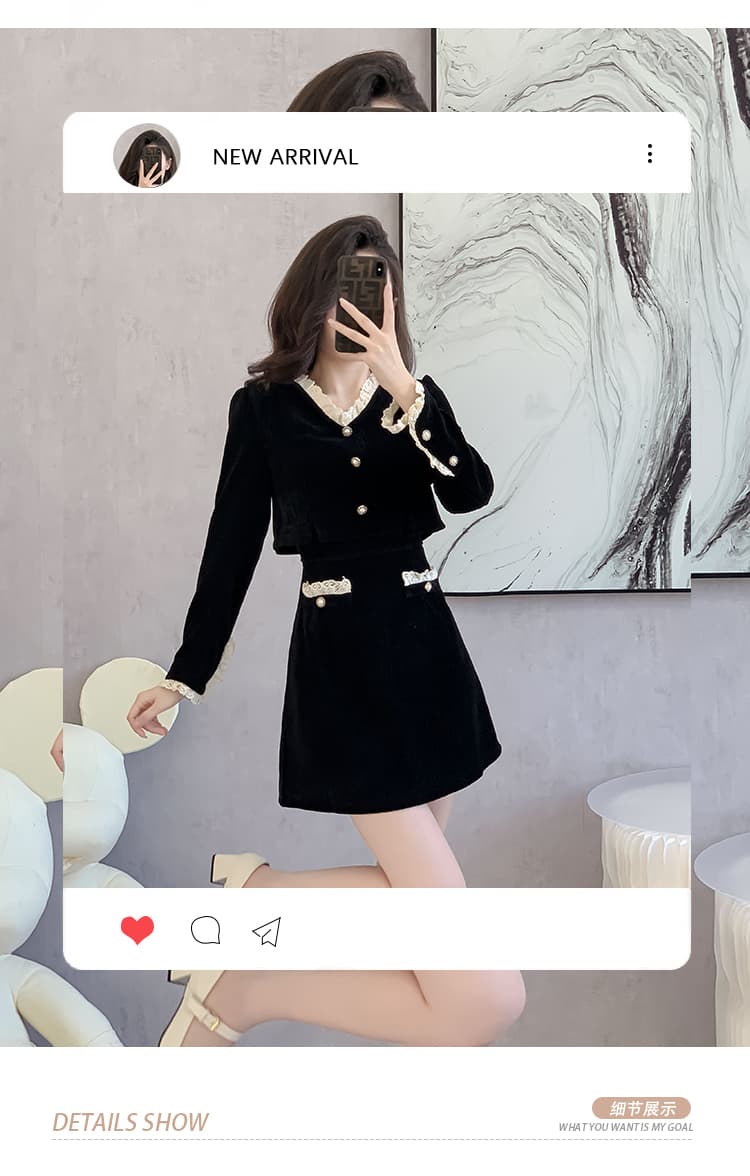검정색 페이크 레이어드 V넥 여성 그는 벤 바람 가을 겨울철 2026 새로운 프랑스식 코듀로이 작은 샤넬 스타일 치마 상세 이미지 4