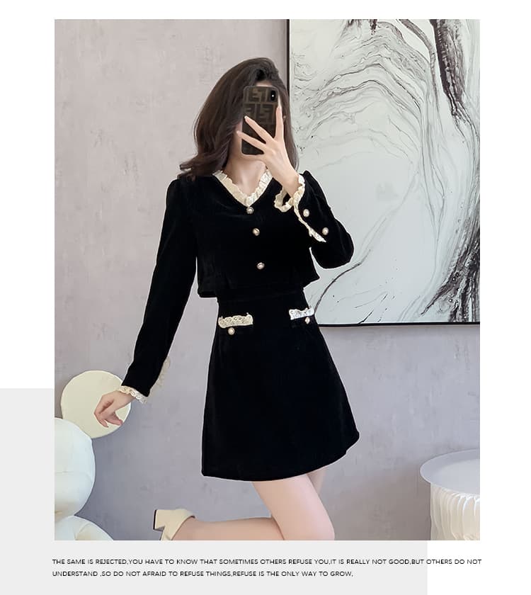 검정색 페이크 레이어드 V넥 여성 그는 벤 바람 가을 겨울철 2026 새로운 프랑스식 코듀로이 작은 샤넬 스타일 치마 상세 이미지 18