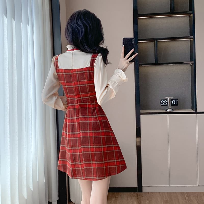 2026 작은 샤넬 스타일 드레스 빨간색 체크무늬 슬립 그는 벤 바람 부유 한 가족 천 골드 한 마디 짧은 치마 가을과 겨울 여성 이미지 5