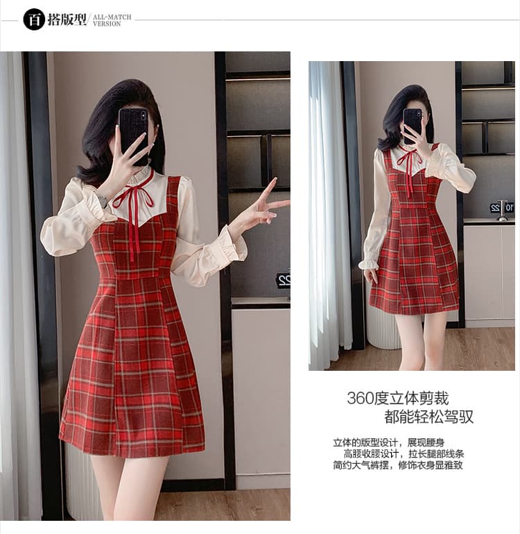 2026 작은 샤넬 스타일 드레스 빨간색 체크무늬 슬립 그는 벤 바람 부유 한 가족 천 골드 한 마디 짧은 치마 가을과 겨울 여성 상세 이미지 8