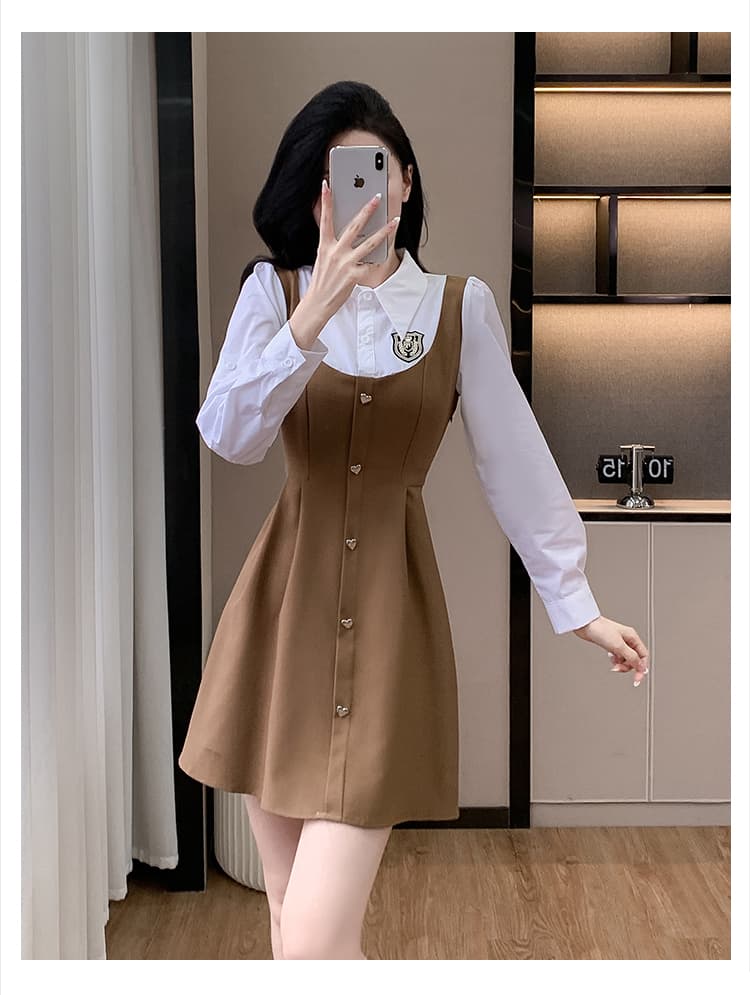 2026 가을 아메리칸 페이크 레이어드 셔츠 칼라 패치워크 허리 수축 슬림해 보이는 연령 감소 표지 배 작은 키 드레스 상세 이미지 25
