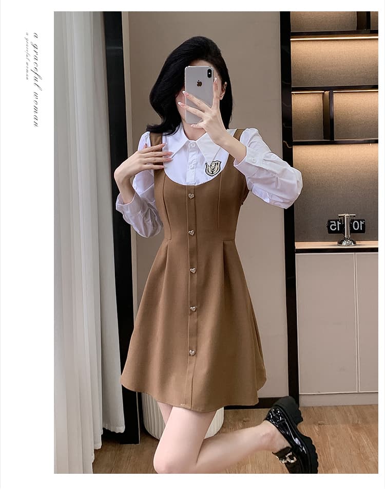 2026 가을 아메리칸 페이크 레이어드 셔츠 칼라 패치워크 허리 수축 슬림해 보이는 연령 감소 표지 배 작은 키 드레스 상세 이미지 32